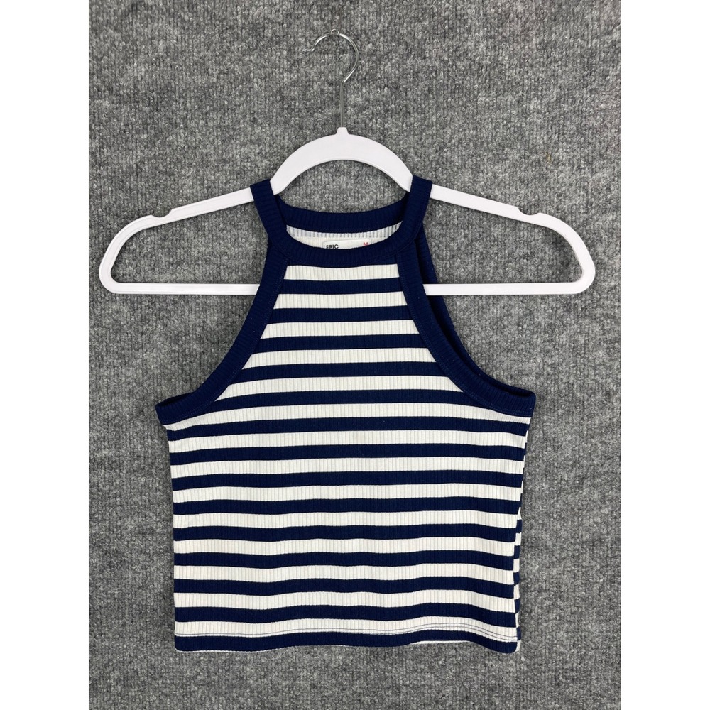 Epic Threads Tank Top Womens‎ Medium Blue White Excellent Striped Halter Ribbed